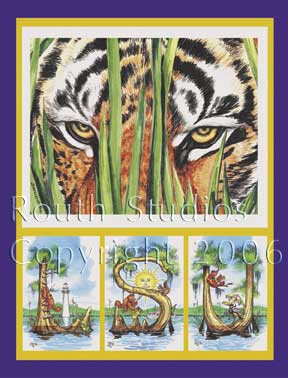 Craig Routh, Artist & Illustrator Louisiana State University, LSU Paintings - Craig Routh, Artist & Illustrator Louisiana State University, LSU Paintings - LSU Painting Gallery - "Tiger Eyes with LSU in Cypress Trees " by Craig Routh